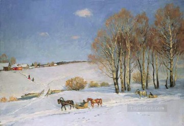 150の主題の芸術作品 Painting - 馬が引くそりのある冬景色 1915 年 コンスタンティン ユオン 雪